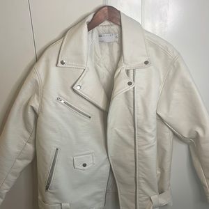 Oversized White Moto Jacket with Silver Details